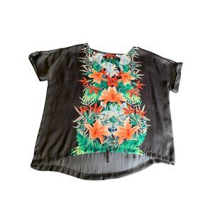 Liz Claiborne Black Floral Short Sleeve High-Low Blouse Womens Size Large